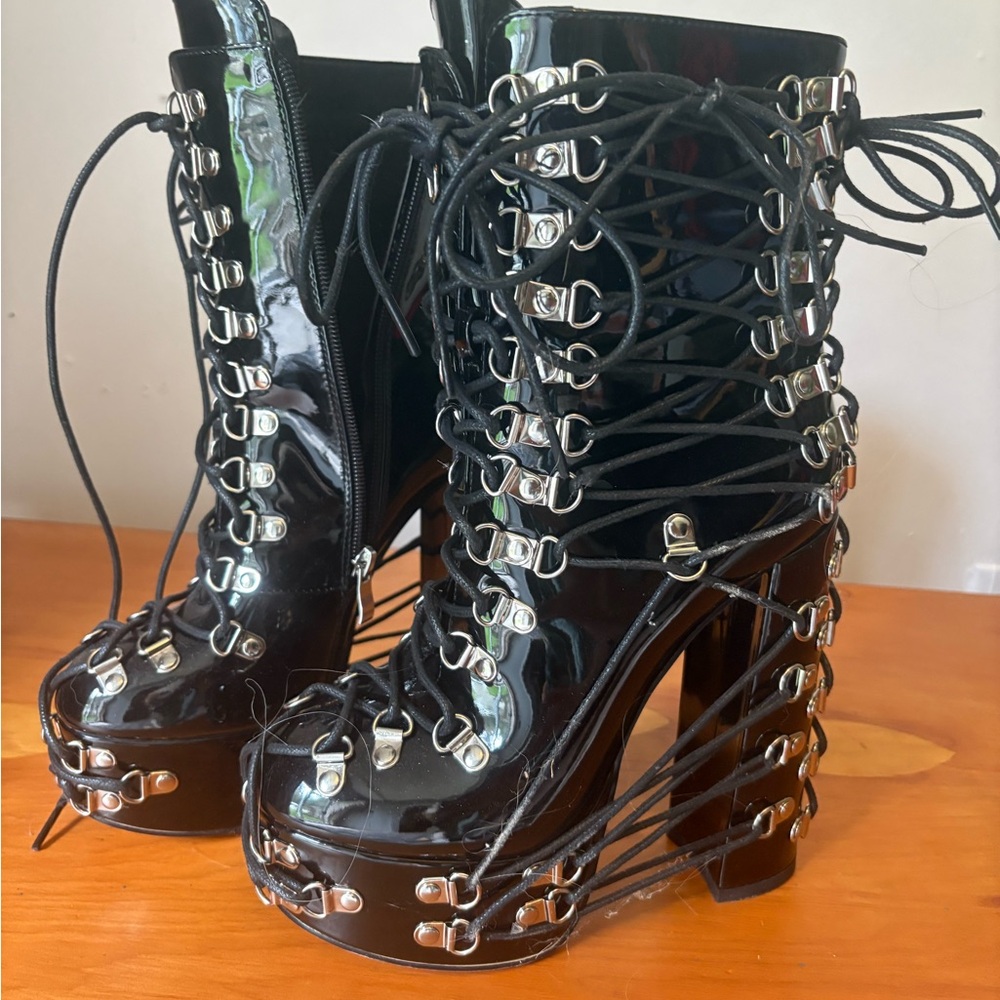 Lace-Up Platform Ankle Boots — Black Patent